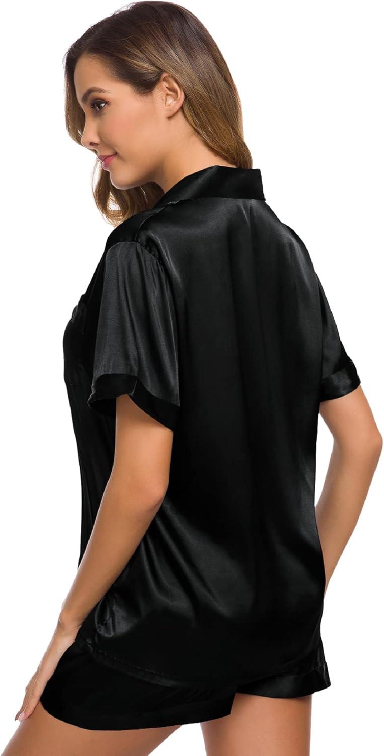 imageSWOMOG Womens Silk Satin Pajamas Set Short Sleeve Sleepwear Button Down Top and Shorts Loungewear 2 Piece Pjs Set XS3XLBlack Solid