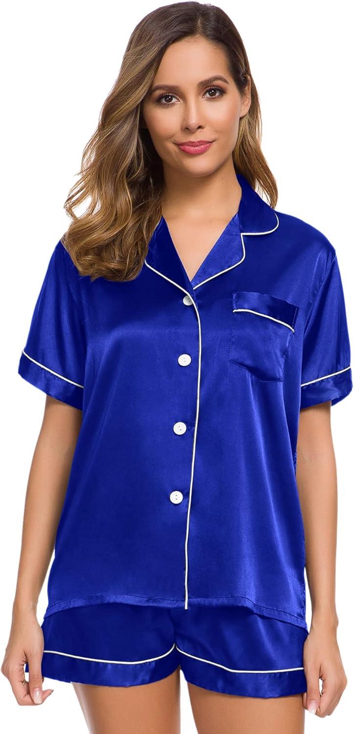 imageSWOMOG Womens Silk Satin Pajamas Set Short Sleeve Sleepwear Button Down Top and Shorts Loungewear 2 Piece Pjs Set XS3XLBlue