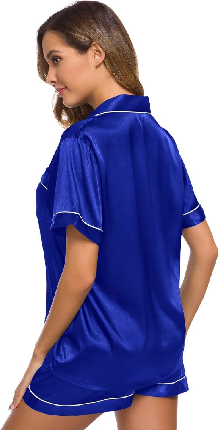 imageSWOMOG Womens Silk Satin Pajamas Set Short Sleeve Sleepwear Button Down Top and Shorts Loungewear 2 Piece Pjs Set XS3XLBlue