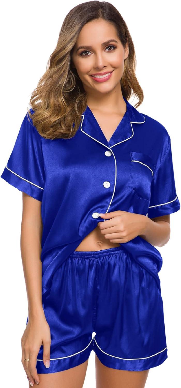 imageSWOMOG Womens Silk Satin Pajamas Set Short Sleeve Sleepwear Button Down Top and Shorts Loungewear 2 Piece Pjs Set XS3XLBlue