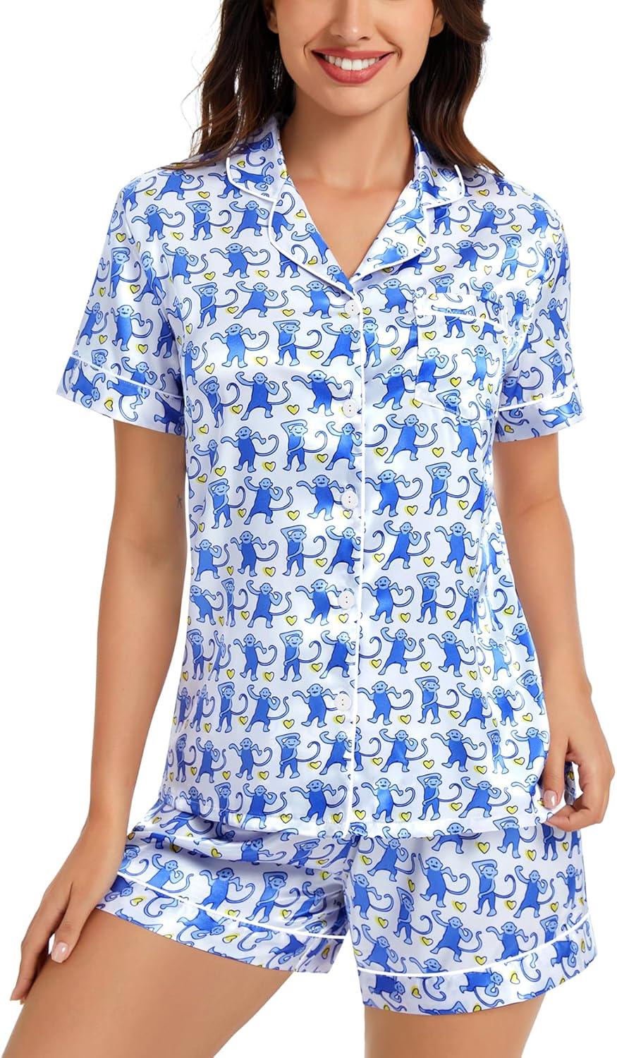 imageSWOMOG Womens Silk Satin Pajamas Set Short Sleeve Sleepwear Button Down Top and Shorts Loungewear 2 Piece Pjs Set XS3XLBlue Monkey