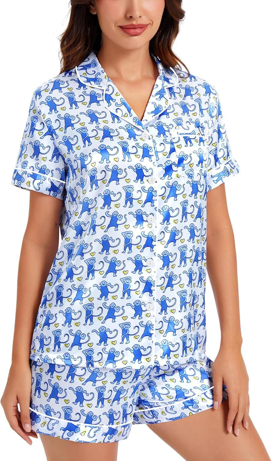 imageSWOMOG Womens Silk Satin Pajamas Set Short Sleeve Sleepwear Button Down Top and Shorts Loungewear 2 Piece Pjs Set XS3XLBlue Monkey