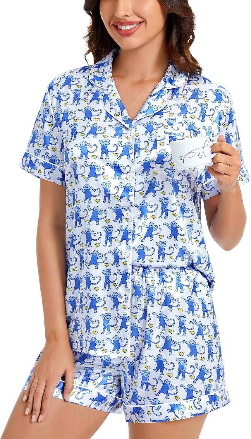 imageSWOMOG Womens Silk Satin Pajamas Set Short Sleeve Sleepwear Button Down Top and Shorts Loungewear 2 Piece Pjs Set XS3XLBlue Monkey
