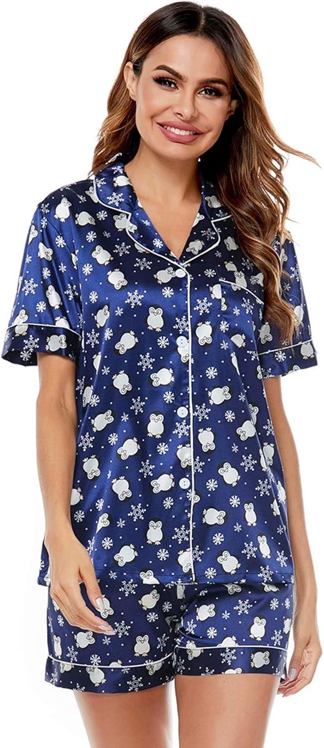 imageSWOMOG Womens Silk Satin Pajamas Set Short Sleeve Sleepwear Button Down Top and Shorts Loungewear 2 Piece Pjs Set XS3XLBlue Penguin