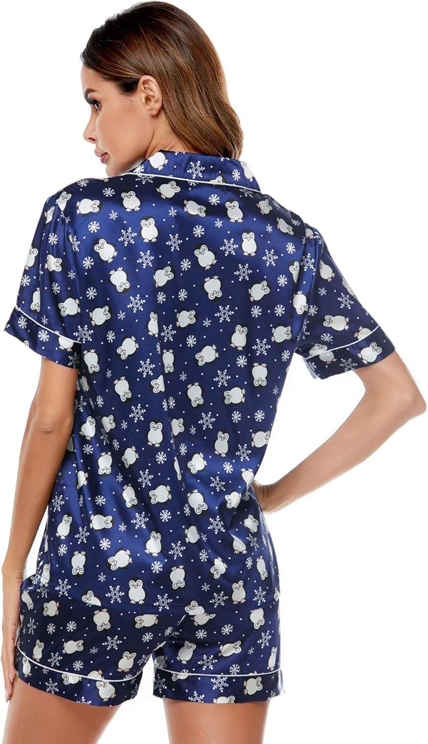 imageSWOMOG Womens Silk Satin Pajamas Set Short Sleeve Sleepwear Button Down Top and Shorts Loungewear 2 Piece Pjs Set XS3XLBlue Penguin