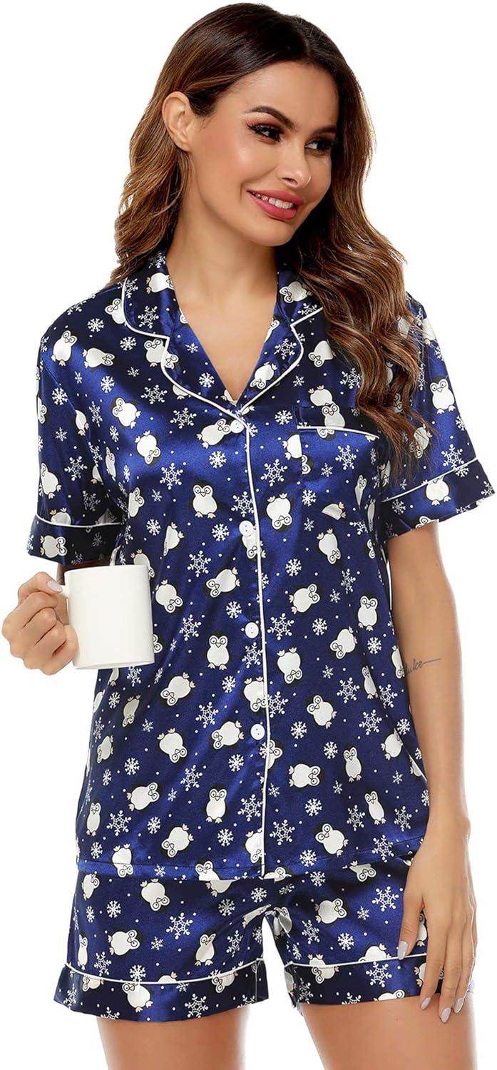 imageSWOMOG Womens Silk Satin Pajamas Set Short Sleeve Sleepwear Button Down Top and Shorts Loungewear 2 Piece Pjs Set XS3XLBlue Penguin