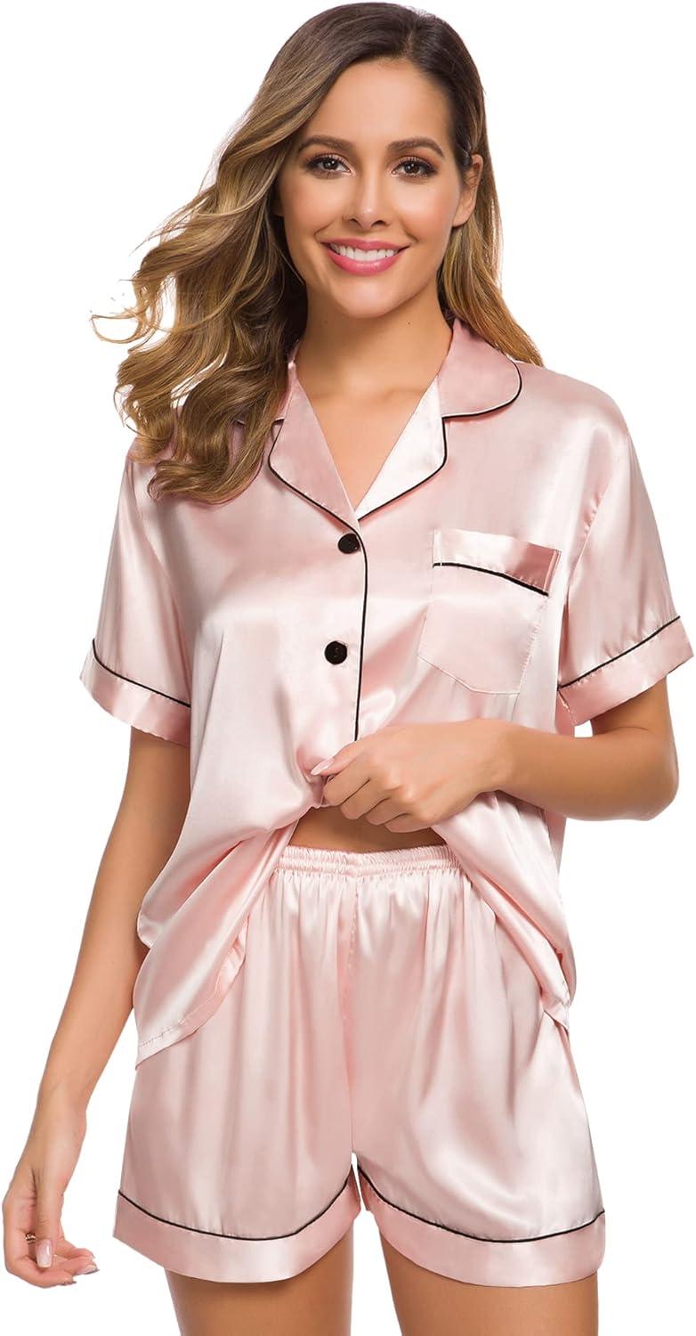 imageSWOMOG Womens Silk Satin Pajamas Set Short Sleeve Sleepwear Button Down Top and Shorts Loungewear 2 Piece Pjs Set XS3XLBlush Pink