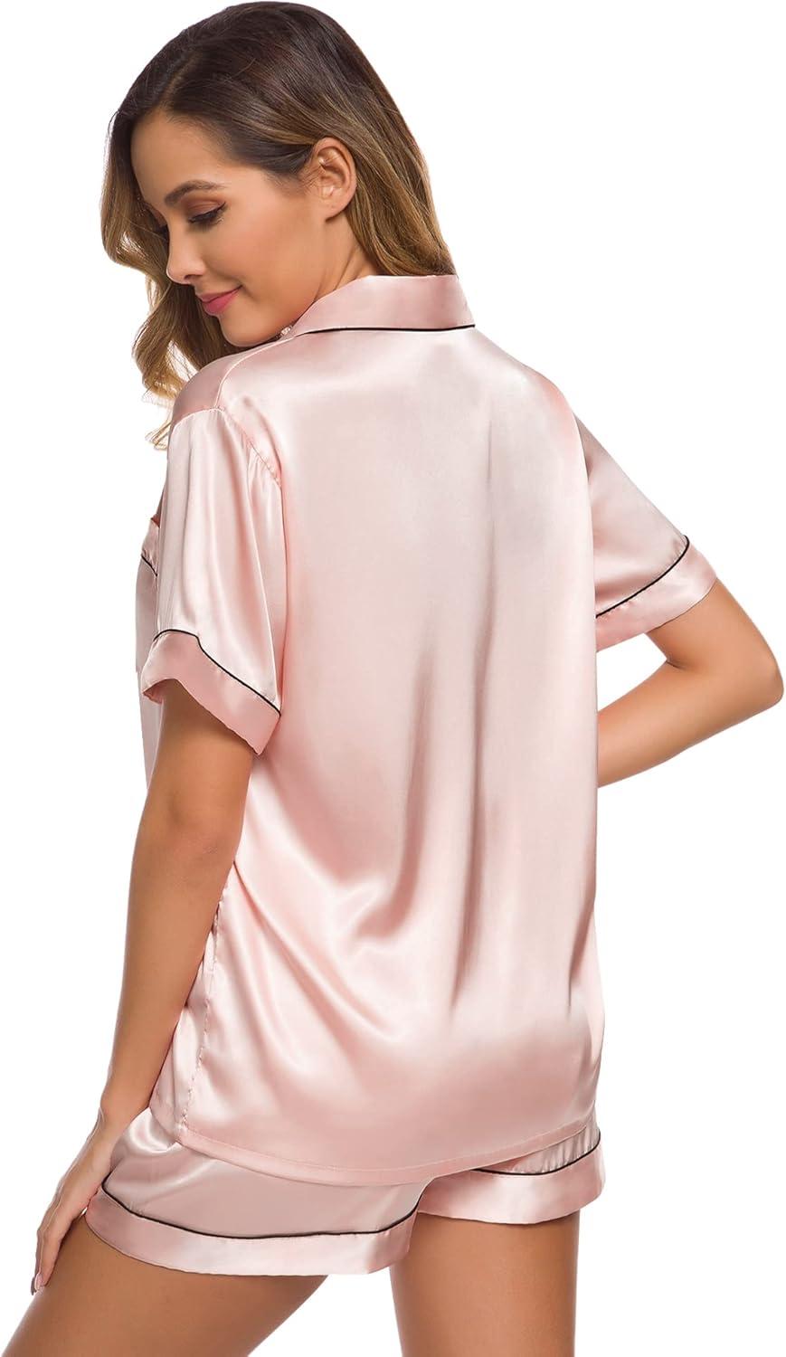 imageSWOMOG Womens Silk Satin Pajamas Set Short Sleeve Sleepwear Button Down Top and Shorts Loungewear 2 Piece Pjs Set XS3XLBlush Pink