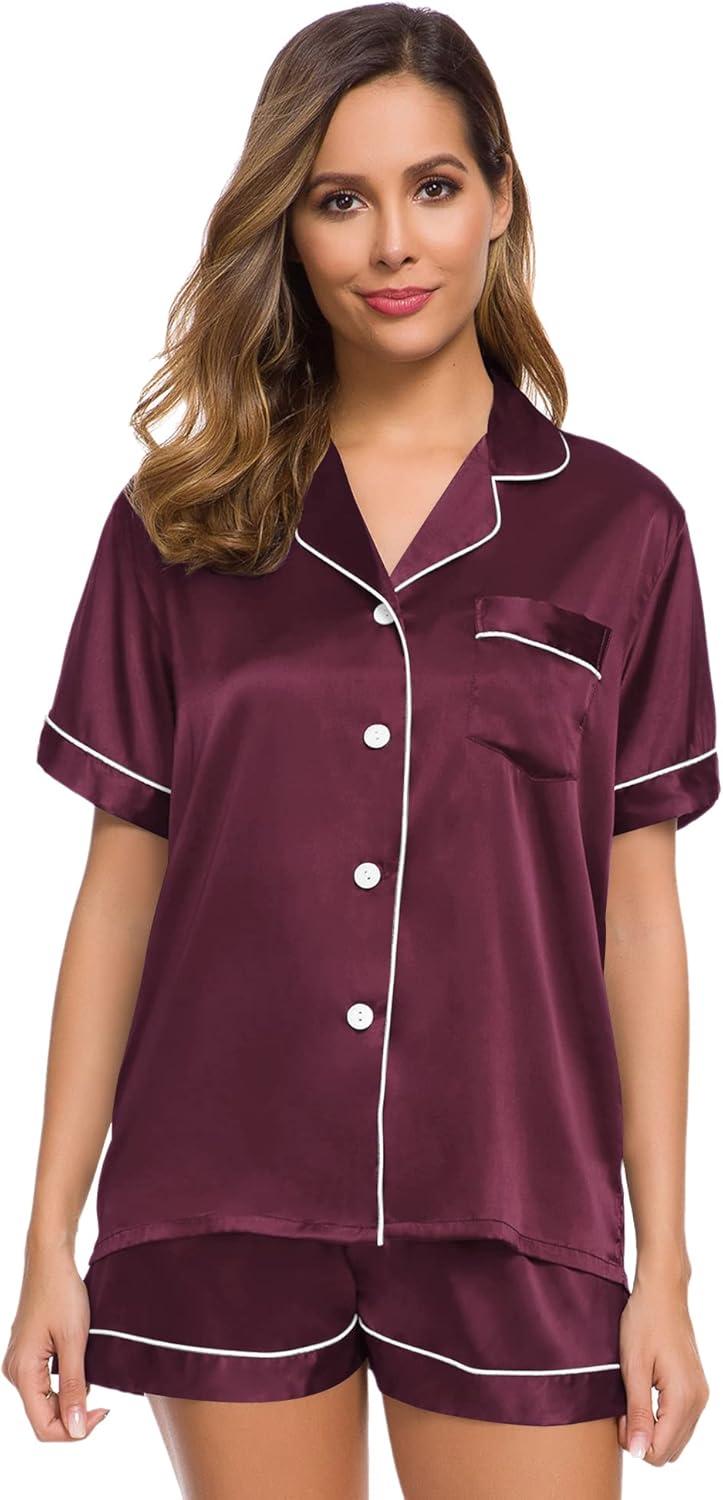 imageSWOMOG Womens Silk Satin Pajamas Set Short Sleeve Sleepwear Button Down Top and Shorts Loungewear 2 Piece Pjs Set XS3XLBordeaux Red