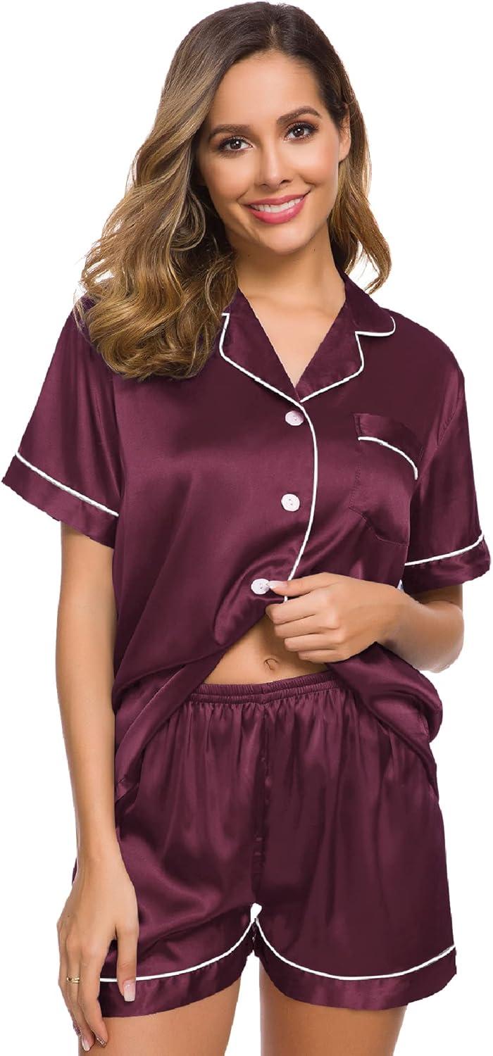 imageSWOMOG Womens Silk Satin Pajamas Set Short Sleeve Sleepwear Button Down Top and Shorts Loungewear 2 Piece Pjs Set XS3XLBordeaux Red