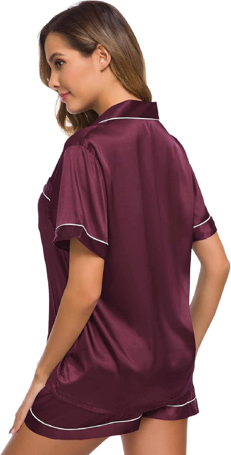 imageSWOMOG Womens Silk Satin Pajamas Set Short Sleeve Sleepwear Button Down Top and Shorts Loungewear 2 Piece Pjs Set XS3XLBordeaux Red