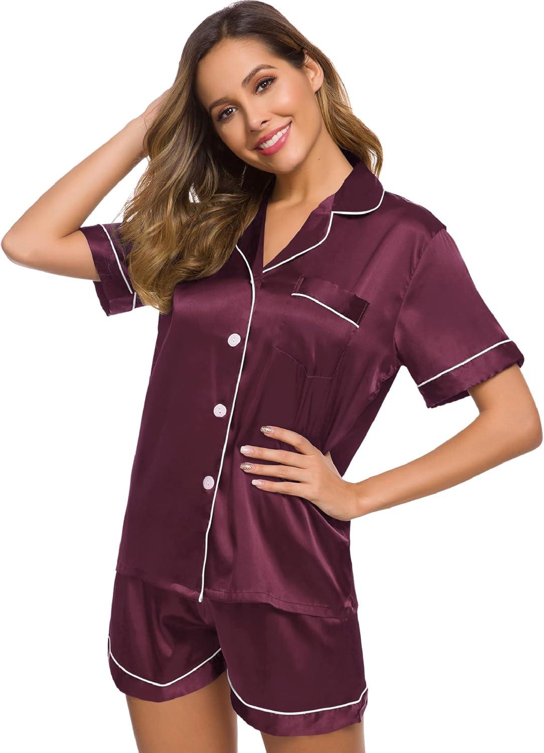 imageSWOMOG Womens Silk Satin Pajamas Set Short Sleeve Sleepwear Button Down Top and Shorts Loungewear 2 Piece Pjs Set XS3XLBordeaux Red