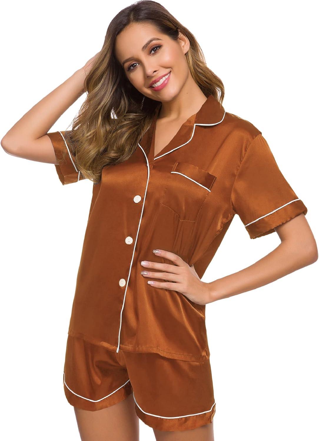 imageSWOMOG Womens Silk Satin Pajamas Set Short Sleeve Sleepwear Button Down Top and Shorts Loungewear 2 Piece Pjs Set XS3XLBurnt Orange