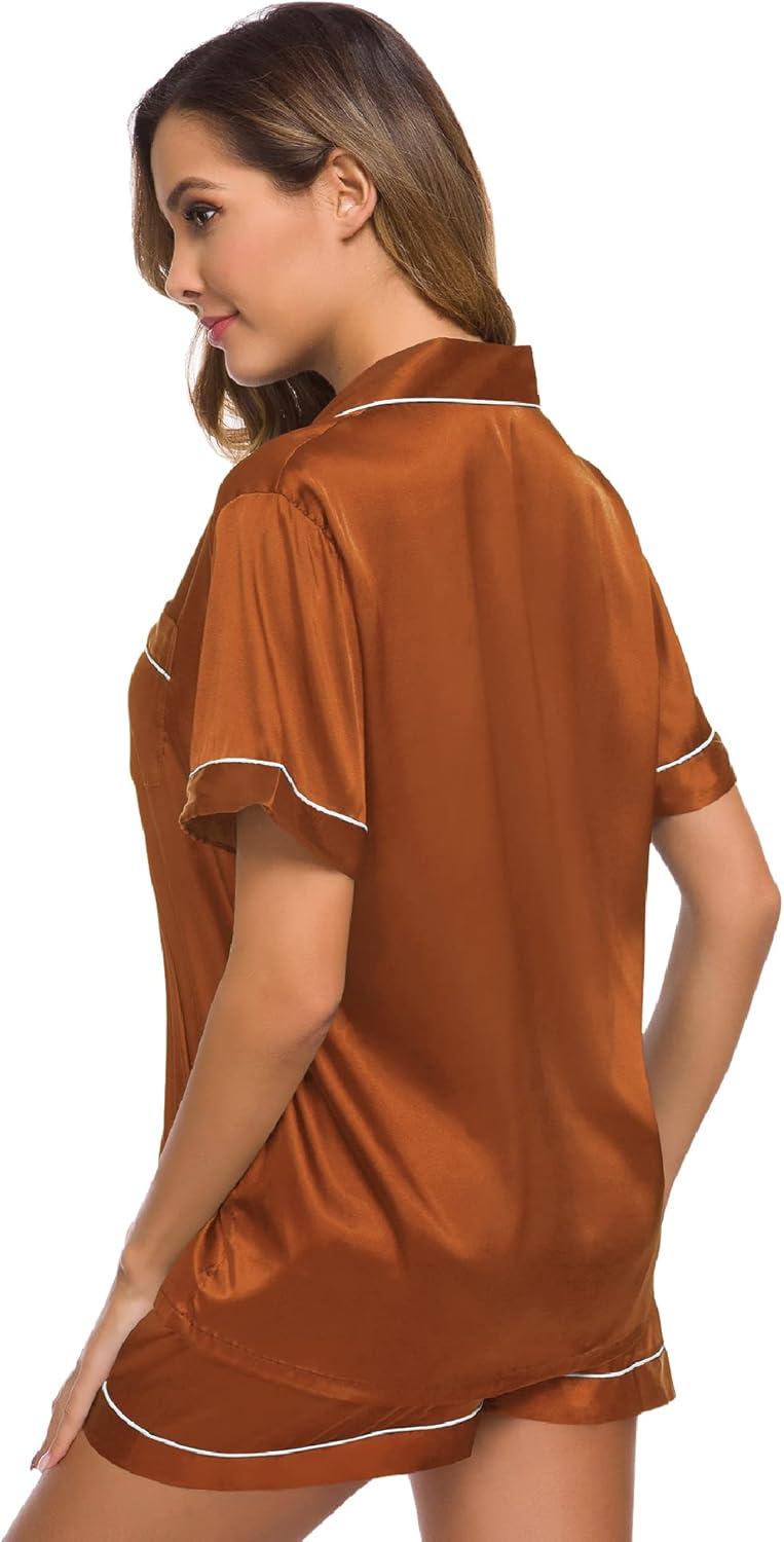 imageSWOMOG Womens Silk Satin Pajamas Set Short Sleeve Sleepwear Button Down Top and Shorts Loungewear 2 Piece Pjs Set XS3XLBurnt Orange