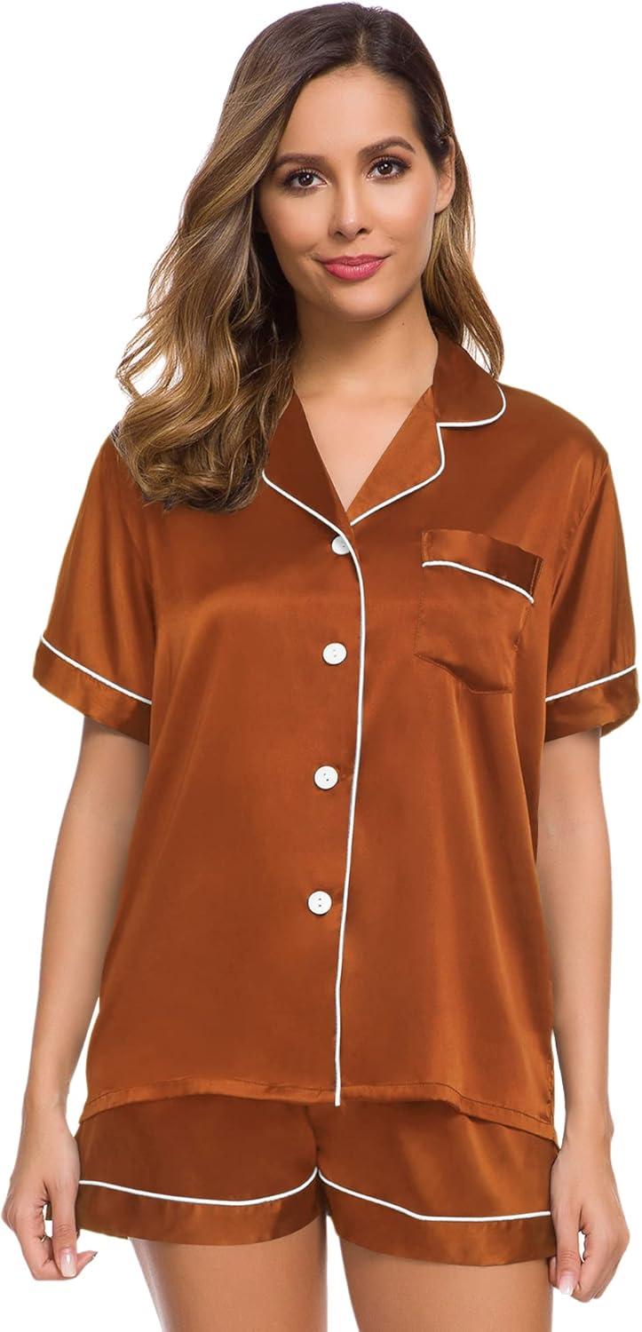 imageSWOMOG Womens Silk Satin Pajamas Set Short Sleeve Sleepwear Button Down Top and Shorts Loungewear 2 Piece Pjs Set XS3XLBurnt Orange