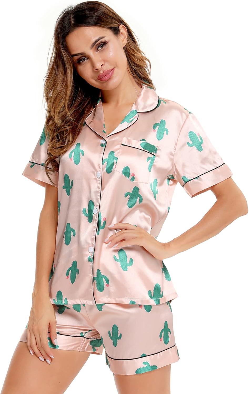imageSWOMOG Womens Silk Satin Pajamas Set Short Sleeve Sleepwear Button Down Top and Shorts Loungewear 2 Piece Pjs Set XS3XLCactus Pink