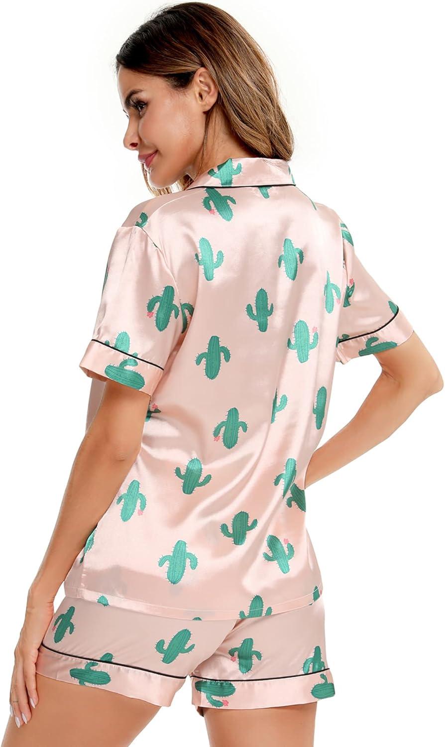 imageSWOMOG Womens Silk Satin Pajamas Set Short Sleeve Sleepwear Button Down Top and Shorts Loungewear 2 Piece Pjs Set XS3XLCactus Pink
