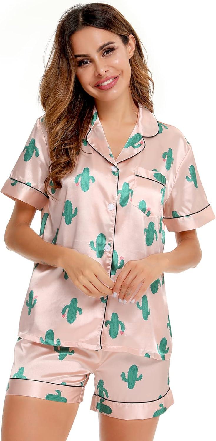 imageSWOMOG Womens Silk Satin Pajamas Set Short Sleeve Sleepwear Button Down Top and Shorts Loungewear 2 Piece Pjs Set XS3XLCactus Pink