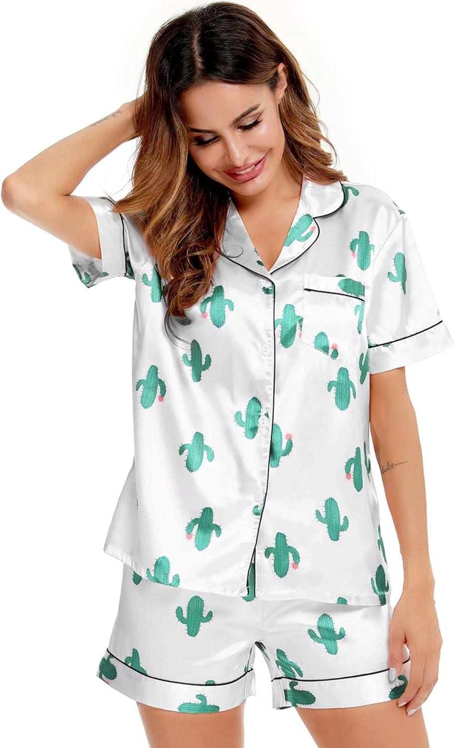 imageSWOMOG Womens Silk Satin Pajamas Set Short Sleeve Sleepwear Button Down Top and Shorts Loungewear 2 Piece Pjs Set XS3XLCactus White