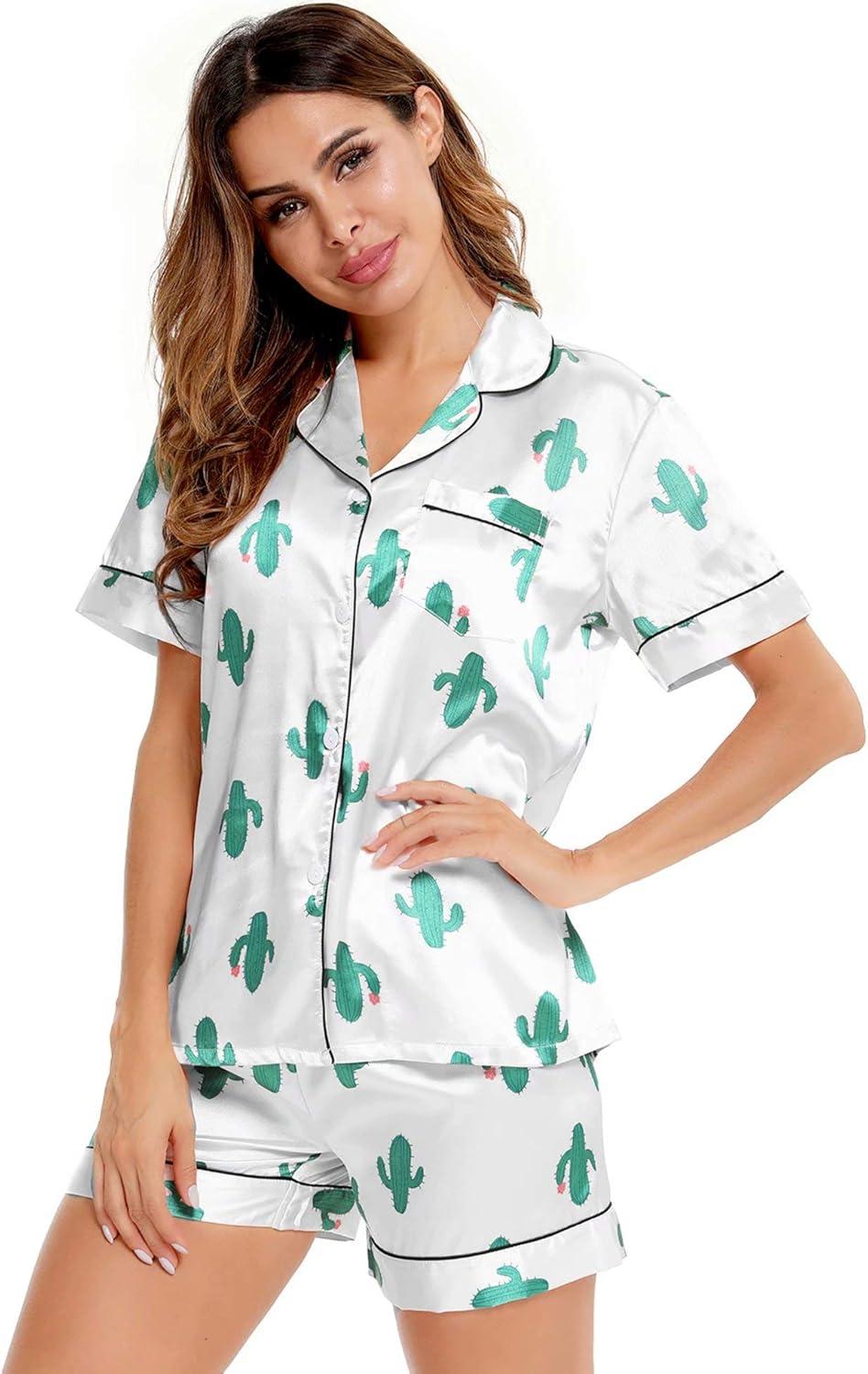 imageSWOMOG Womens Silk Satin Pajamas Set Short Sleeve Sleepwear Button Down Top and Shorts Loungewear 2 Piece Pjs Set XS3XLCactus White