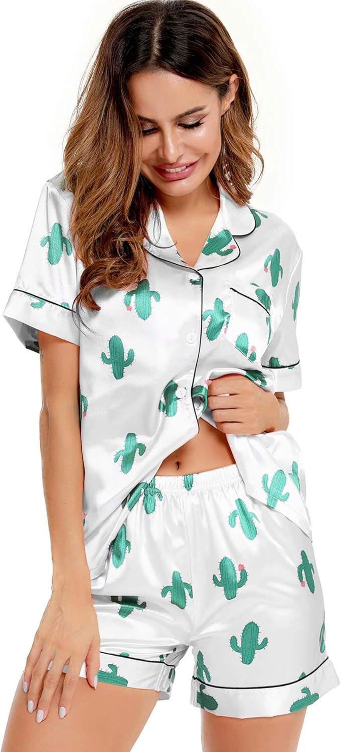 imageSWOMOG Womens Silk Satin Pajamas Set Short Sleeve Sleepwear Button Down Top and Shorts Loungewear 2 Piece Pjs Set XS3XLCactus White