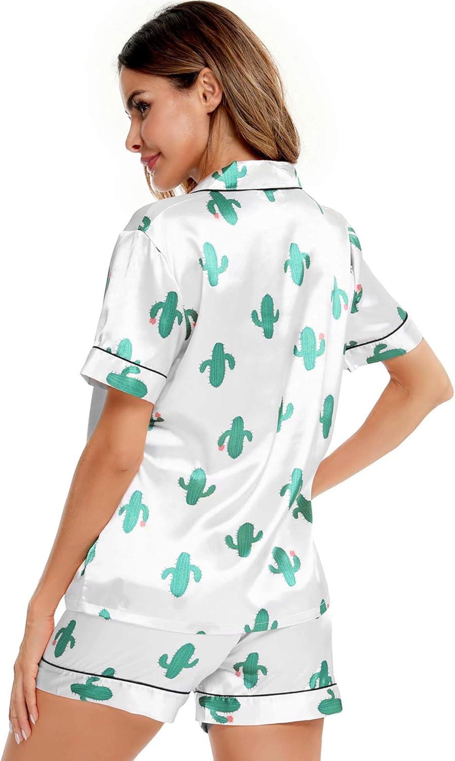 imageSWOMOG Womens Silk Satin Pajamas Set Short Sleeve Sleepwear Button Down Top and Shorts Loungewear 2 Piece Pjs Set XS3XLCactus White