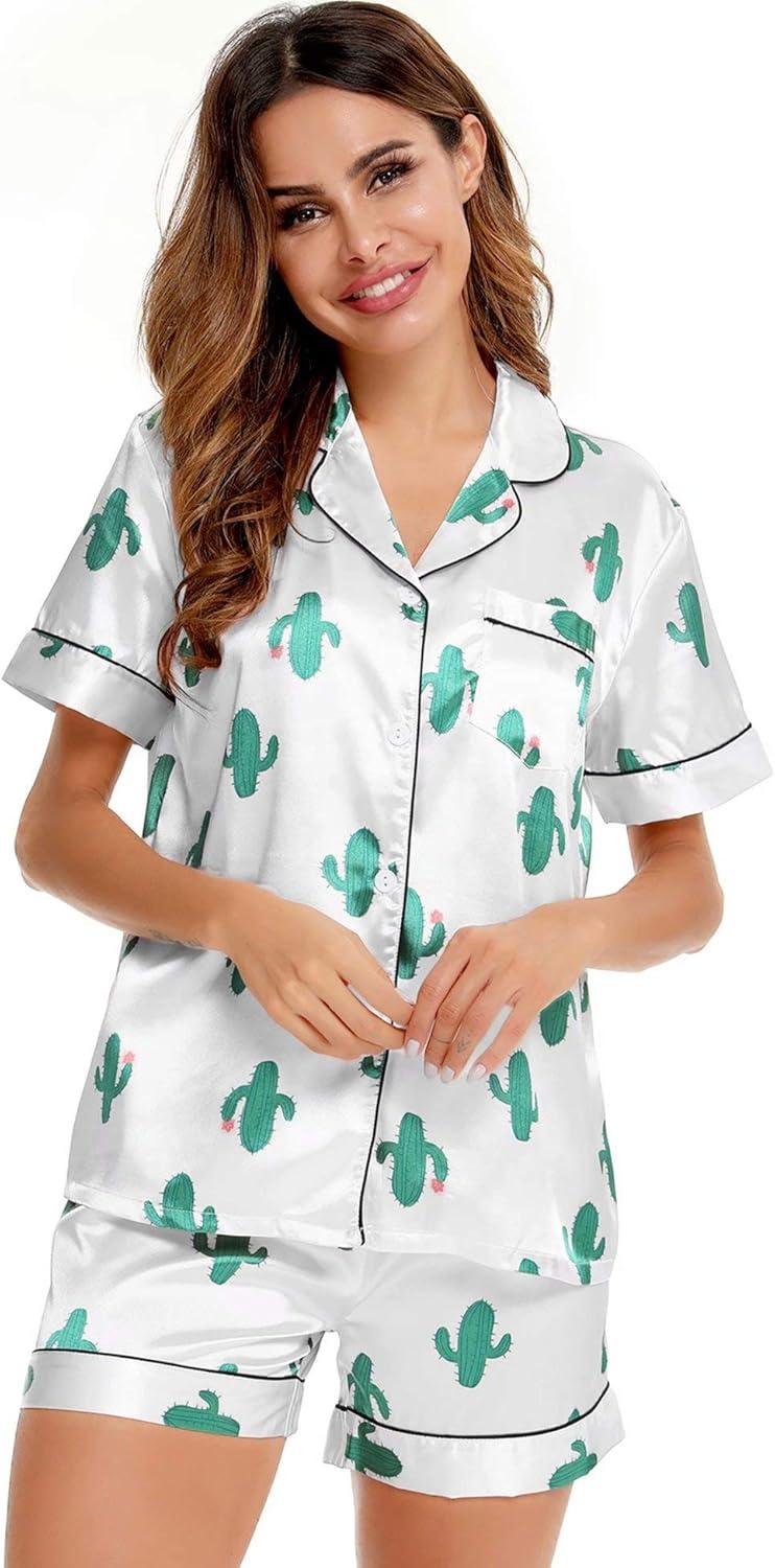 imageSWOMOG Womens Silk Satin Pajamas Set Short Sleeve Sleepwear Button Down Top and Shorts Loungewear 2 Piece Pjs Set XS3XLCactus White