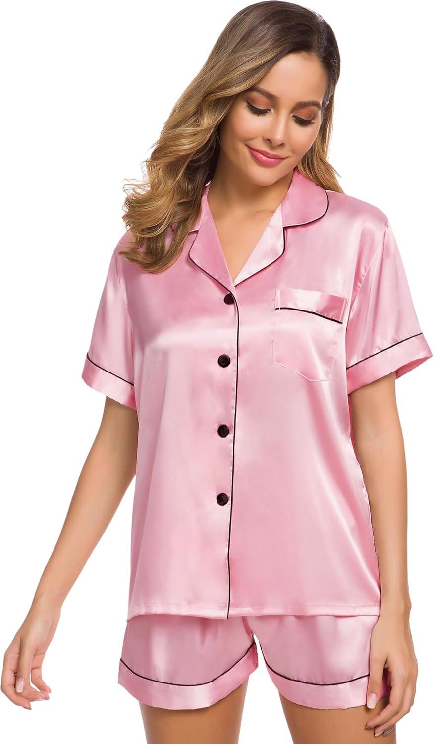 imageSWOMOG Womens Silk Satin Pajamas Set Short Sleeve Sleepwear Button Down Top and Shorts Loungewear 2 Piece Pjs Set XS3XLCarnation Pink