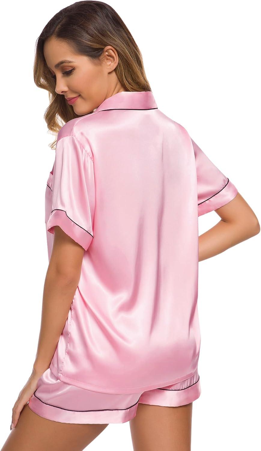 imageSWOMOG Womens Silk Satin Pajamas Set Short Sleeve Sleepwear Button Down Top and Shorts Loungewear 2 Piece Pjs Set XS3XLCarnation Pink