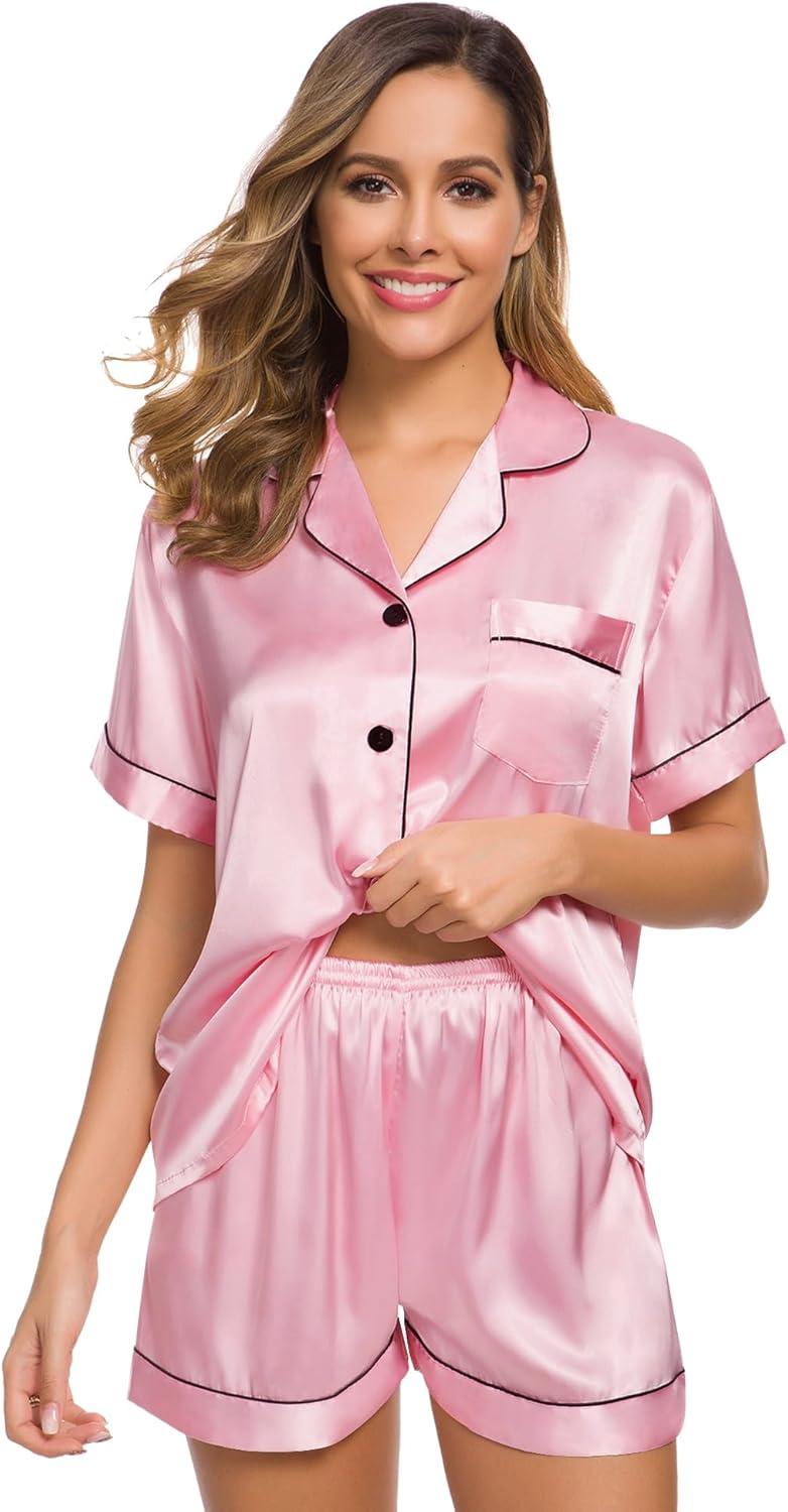 imageSWOMOG Womens Silk Satin Pajamas Set Short Sleeve Sleepwear Button Down Top and Shorts Loungewear 2 Piece Pjs Set XS3XLCarnation Pink