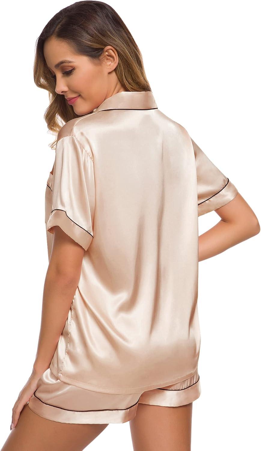 imageSWOMOG Womens Silk Satin Pajamas Set Short Sleeve Sleepwear Button Down Top and Shorts Loungewear 2 Piece Pjs Set XS3XLChampagne