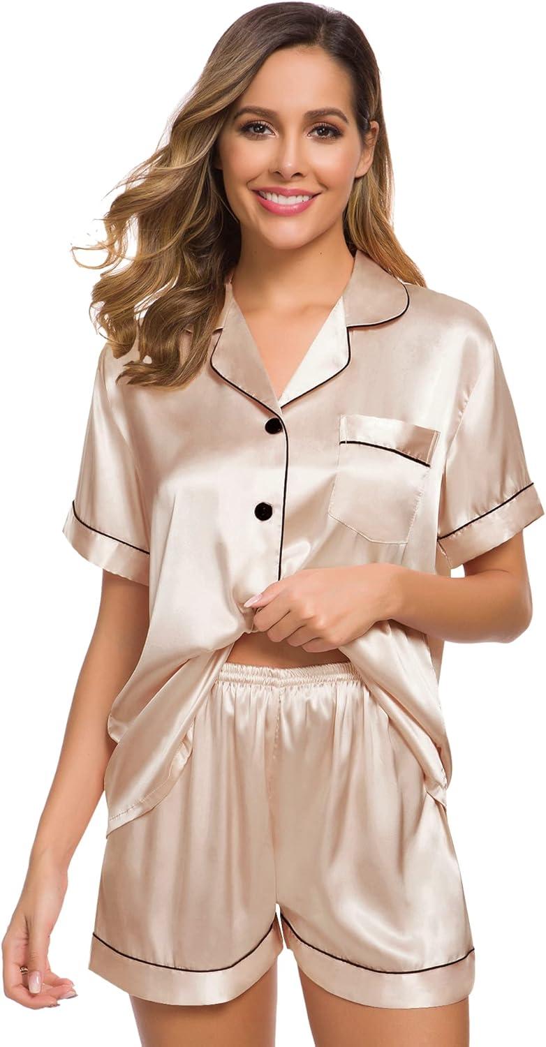 imageSWOMOG Womens Silk Satin Pajamas Set Short Sleeve Sleepwear Button Down Top and Shorts Loungewear 2 Piece Pjs Set XS3XLChampagne