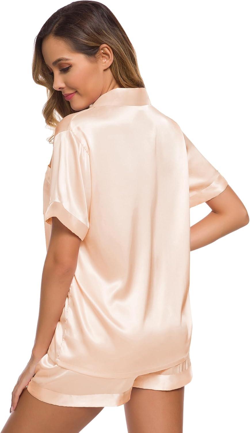 imageSWOMOG Womens Silk Satin Pajamas Set Short Sleeve Sleepwear Button Down Top and Shorts Loungewear 2 Piece Pjs Set XS3XLChampagne Solid