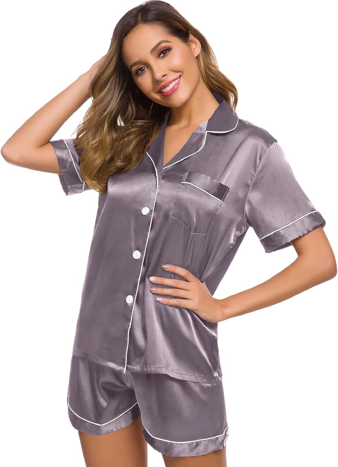 imageSWOMOG Womens Silk Satin Pajamas Set Short Sleeve Sleepwear Button Down Top and Shorts Loungewear 2 Piece Pjs Set XS3XLChestnut