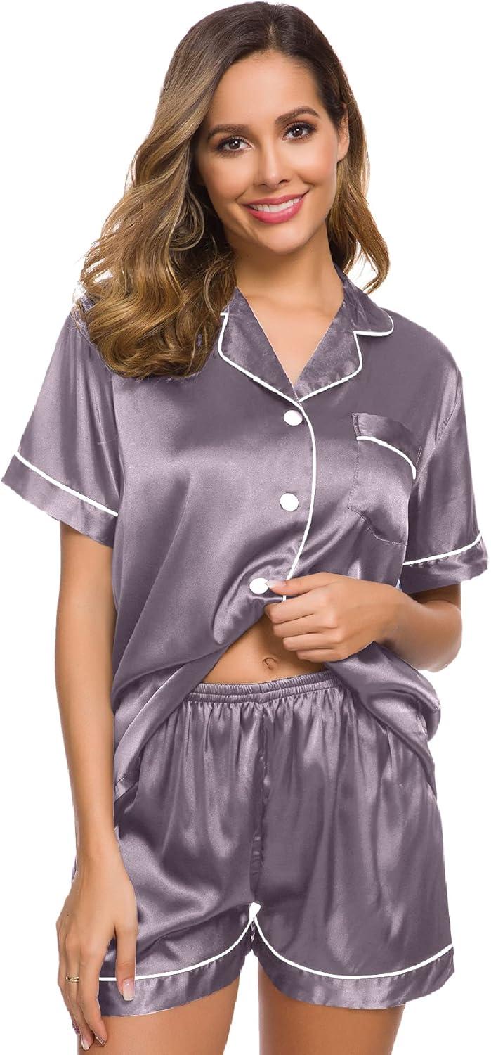 imageSWOMOG Womens Silk Satin Pajamas Set Short Sleeve Sleepwear Button Down Top and Shorts Loungewear 2 Piece Pjs Set XS3XLChestnut
