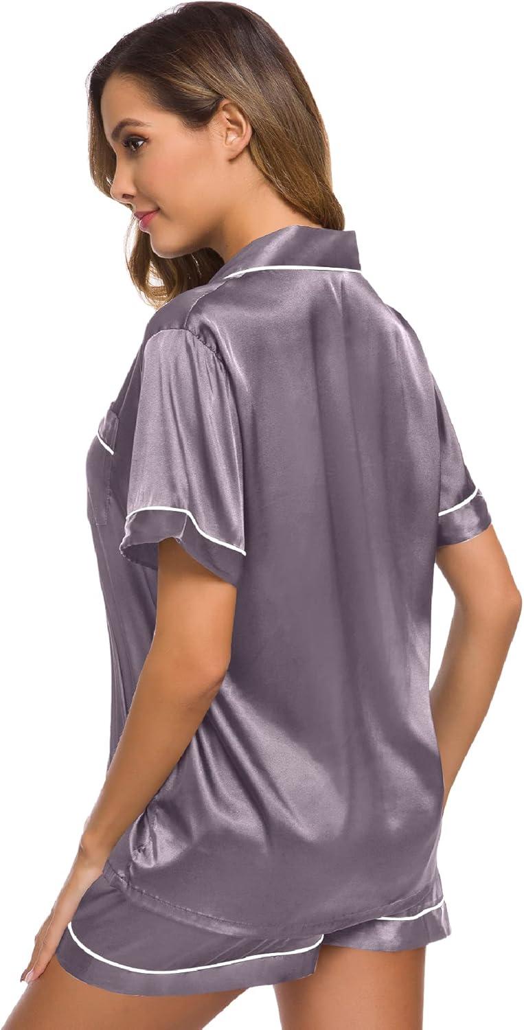 imageSWOMOG Womens Silk Satin Pajamas Set Short Sleeve Sleepwear Button Down Top and Shorts Loungewear 2 Piece Pjs Set XS3XLChestnut