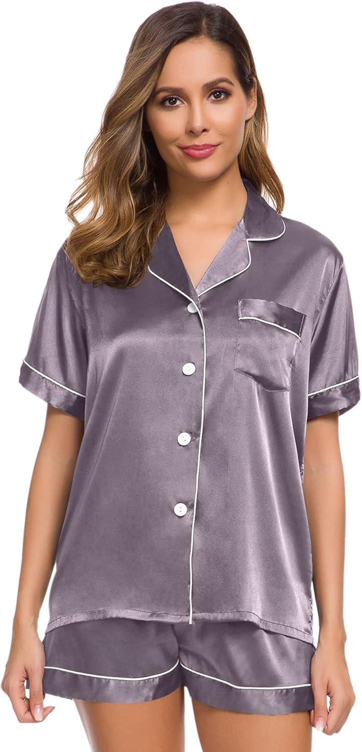 imageSWOMOG Womens Silk Satin Pajamas Set Short Sleeve Sleepwear Button Down Top and Shorts Loungewear 2 Piece Pjs Set XS3XLChestnut