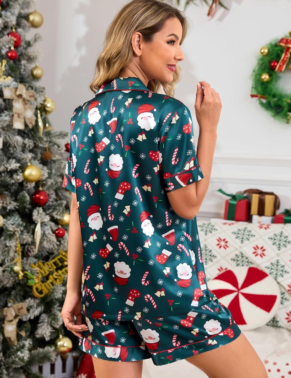 imageSWOMOG Womens Silk Satin Pajamas Set Short Sleeve Sleepwear Button Down Top and Shorts Loungewear 2 Piece Pjs Set XS3XLChristmas Delight Print