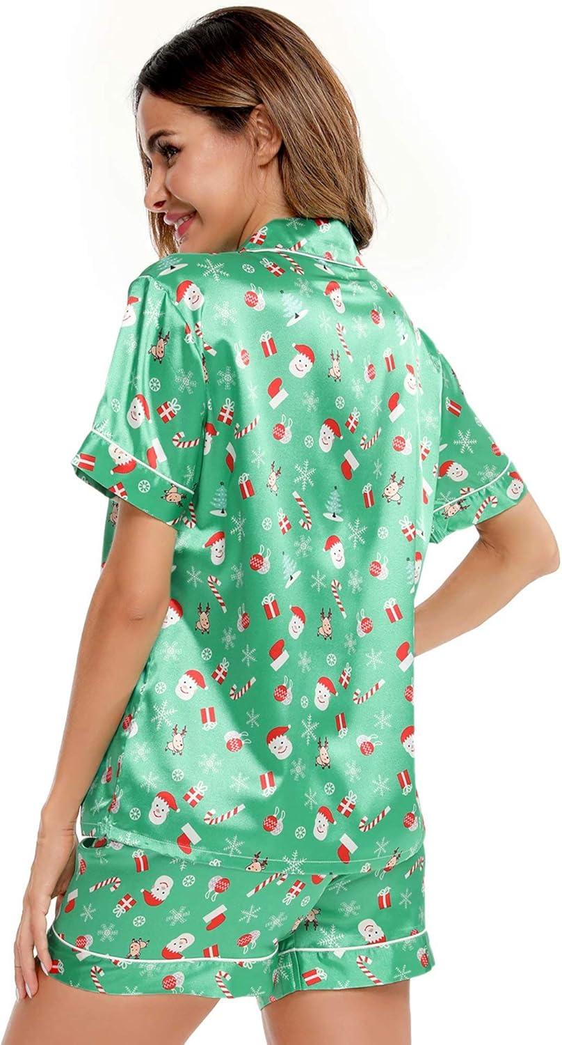 imageSWOMOG Womens Silk Satin Pajamas Set Short Sleeve Sleepwear Button Down Top and Shorts Loungewear 2 Piece Pjs Set XS3XLChristmas Gift Green