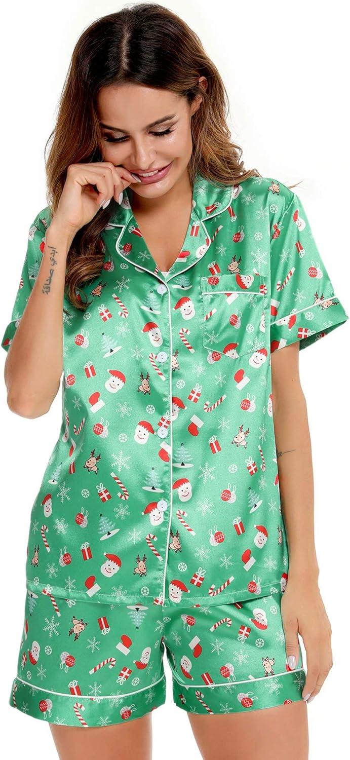 imageSWOMOG Womens Silk Satin Pajamas Set Short Sleeve Sleepwear Button Down Top and Shorts Loungewear 2 Piece Pjs Set XS3XLChristmas Gift Green