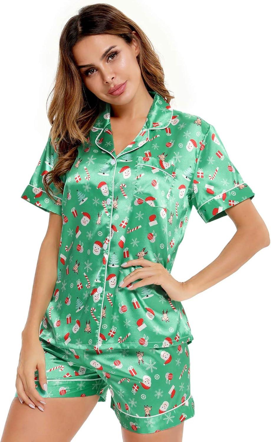 imageSWOMOG Womens Silk Satin Pajamas Set Short Sleeve Sleepwear Button Down Top and Shorts Loungewear 2 Piece Pjs Set XS3XLChristmas Gift Green