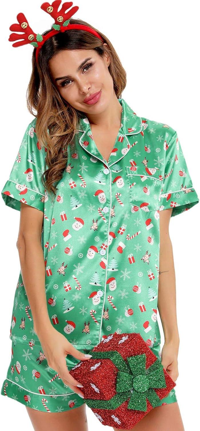 imageSWOMOG Womens Silk Satin Pajamas Set Short Sleeve Sleepwear Button Down Top and Shorts Loungewear 2 Piece Pjs Set XS3XLChristmas Gift Green