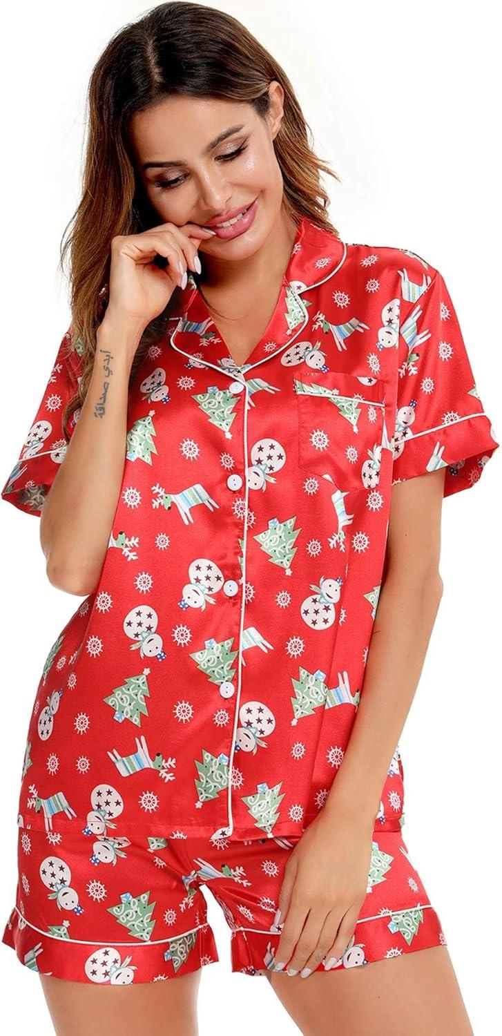 imageSWOMOG Womens Silk Satin Pajamas Set Short Sleeve Sleepwear Button Down Top and Shorts Loungewear 2 Piece Pjs Set XS3XLChristmas Gift Red