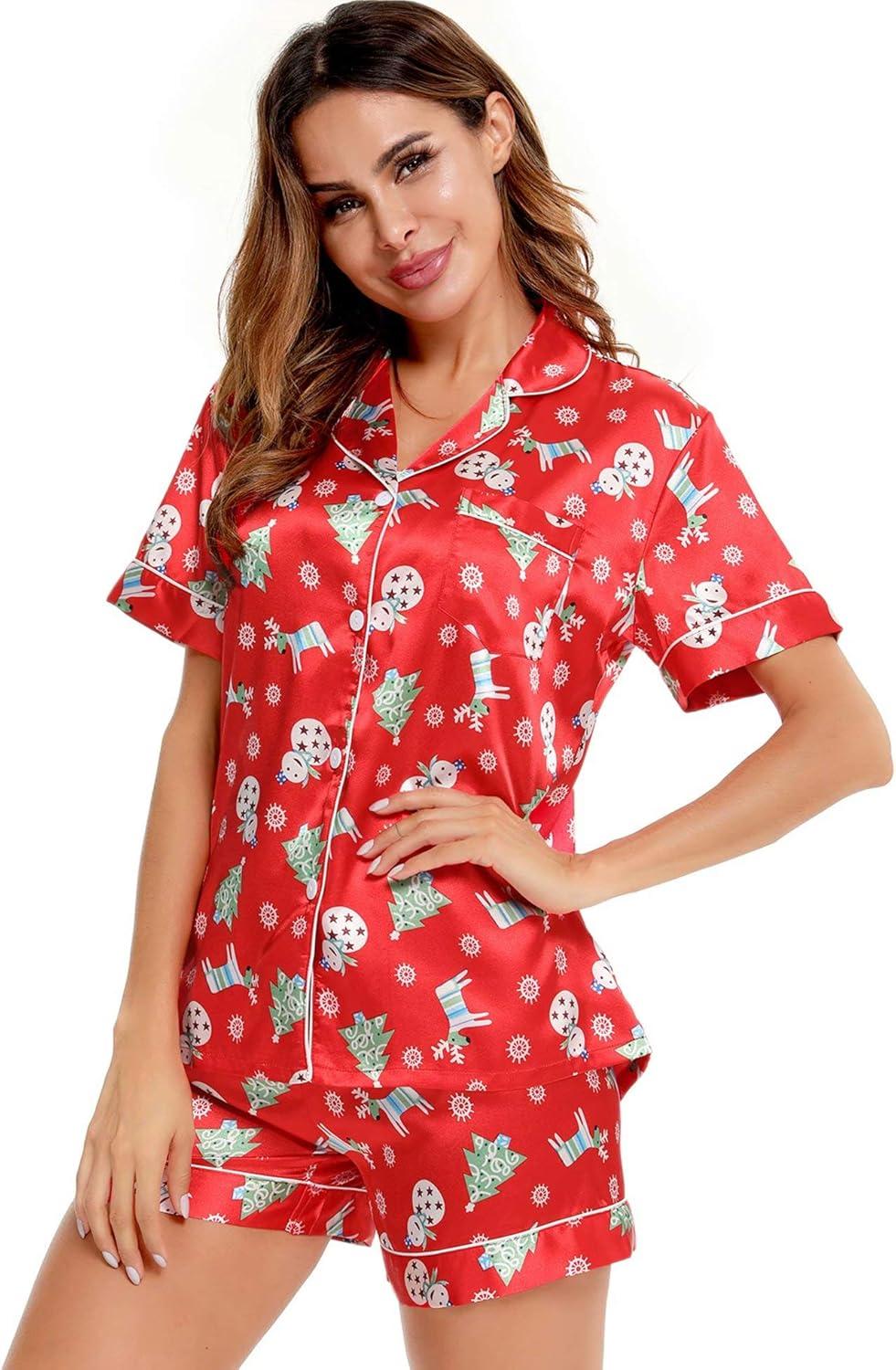 imageSWOMOG Womens Silk Satin Pajamas Set Short Sleeve Sleepwear Button Down Top and Shorts Loungewear 2 Piece Pjs Set XS3XLChristmas Gift Red