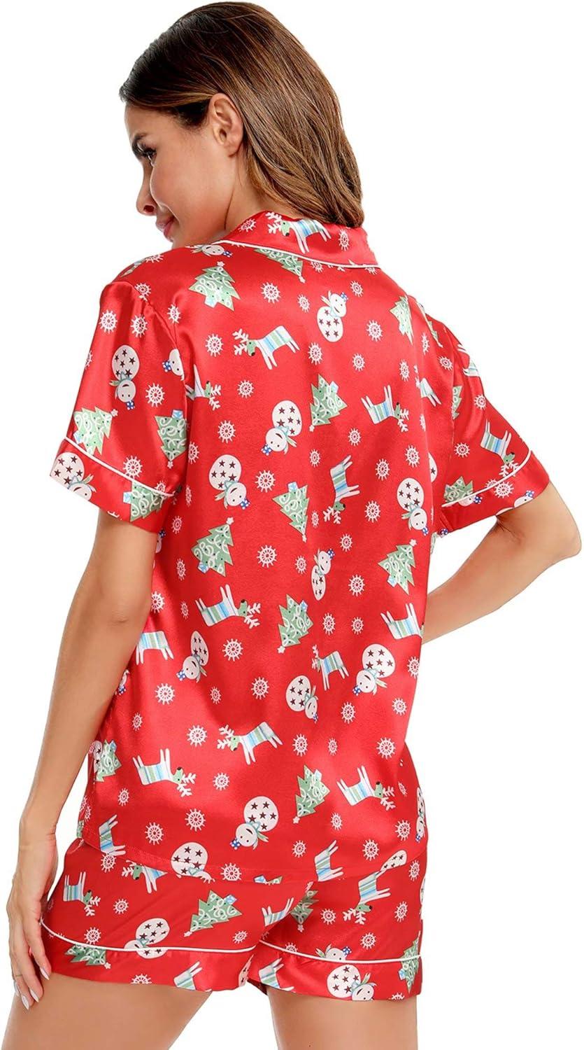 imageSWOMOG Womens Silk Satin Pajamas Set Short Sleeve Sleepwear Button Down Top and Shorts Loungewear 2 Piece Pjs Set XS3XLChristmas Gift Red