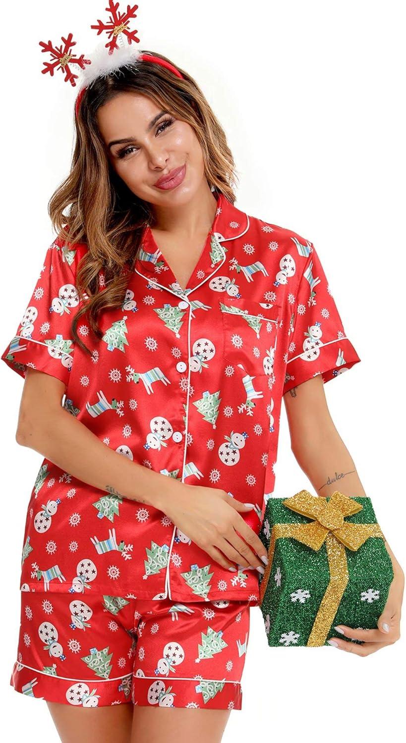 imageSWOMOG Womens Silk Satin Pajamas Set Short Sleeve Sleepwear Button Down Top and Shorts Loungewear 2 Piece Pjs Set XS3XLChristmas Gift Red