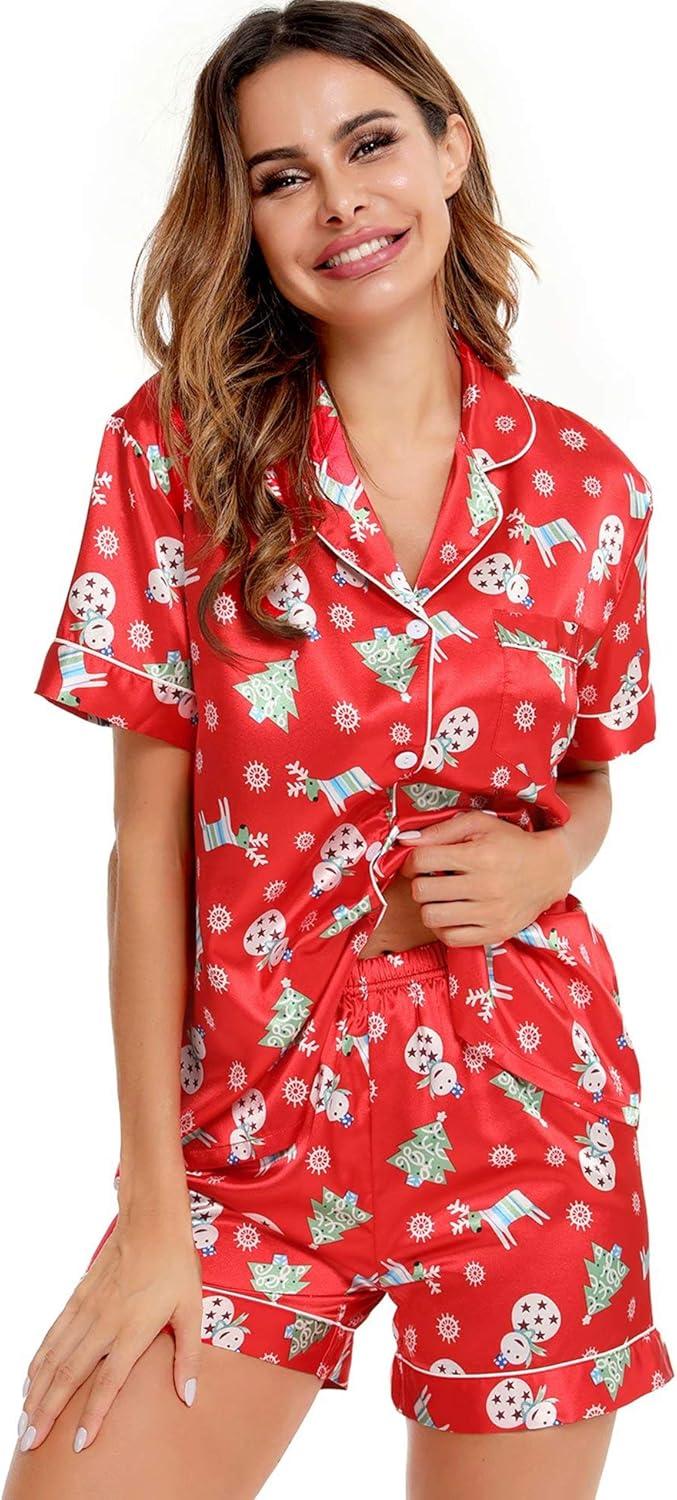 imageSWOMOG Womens Silk Satin Pajamas Set Short Sleeve Sleepwear Button Down Top and Shorts Loungewear 2 Piece Pjs Set XS3XLChristmas Gift Red