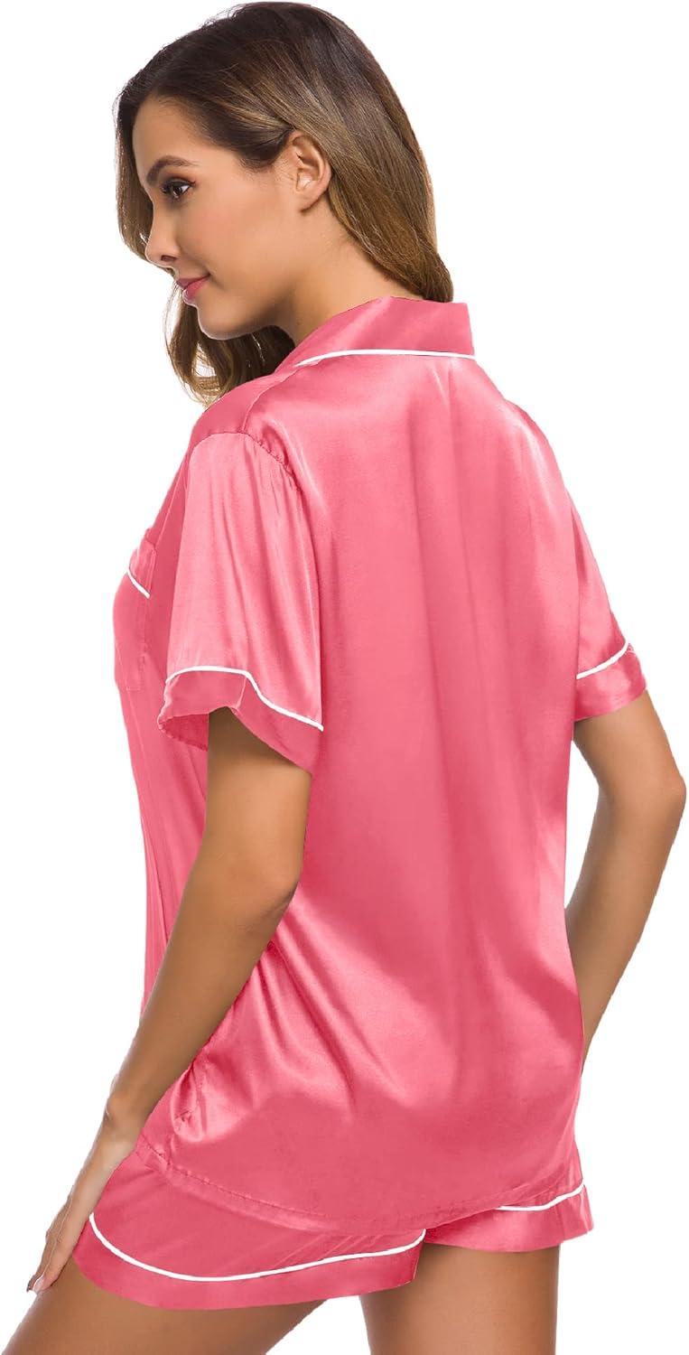 imageSWOMOG Womens Silk Satin Pajamas Set Short Sleeve Sleepwear Button Down Top and Shorts Loungewear 2 Piece Pjs Set XS3XLCoral Red