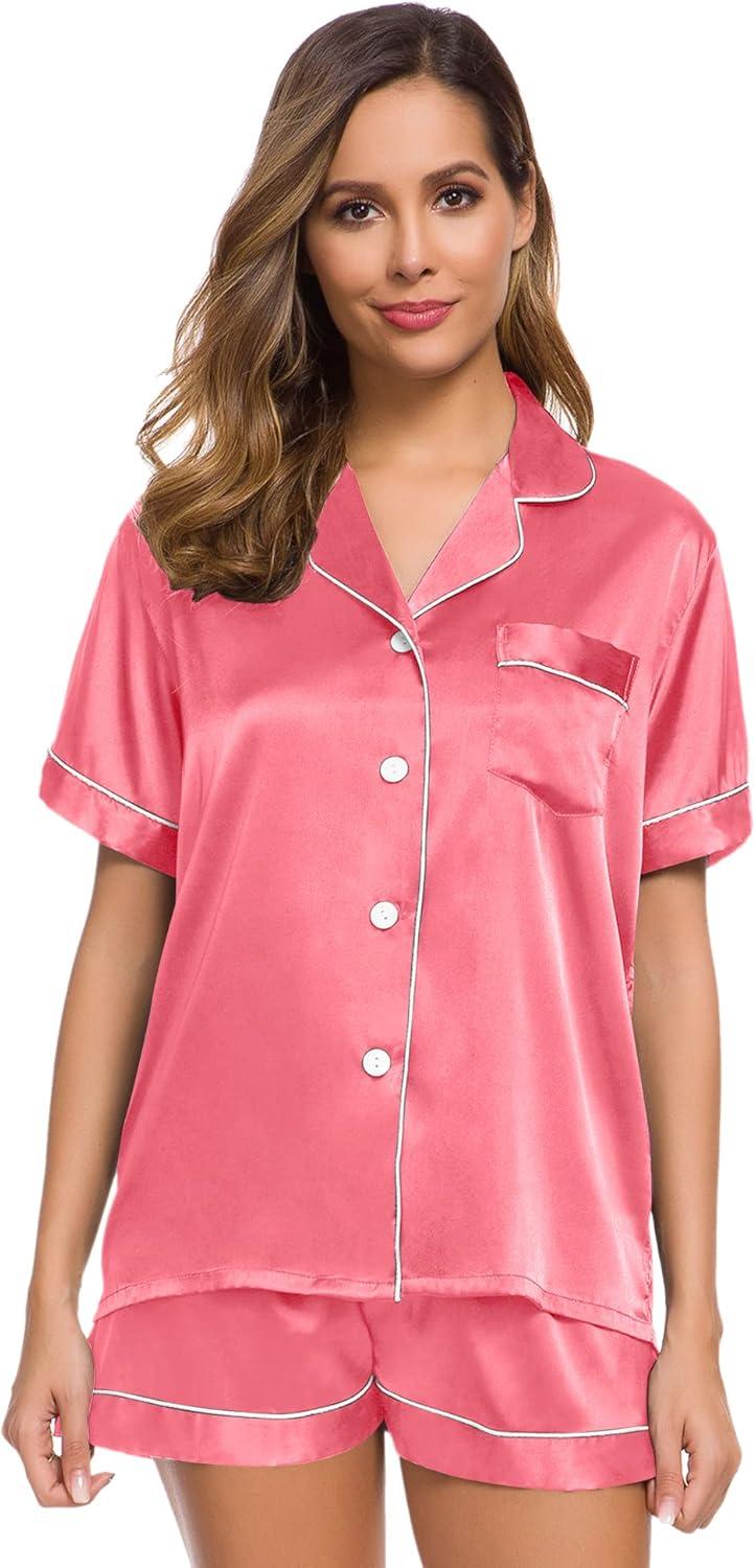 imageSWOMOG Womens Silk Satin Pajamas Set Short Sleeve Sleepwear Button Down Top and Shorts Loungewear 2 Piece Pjs Set XS3XLCoral Red