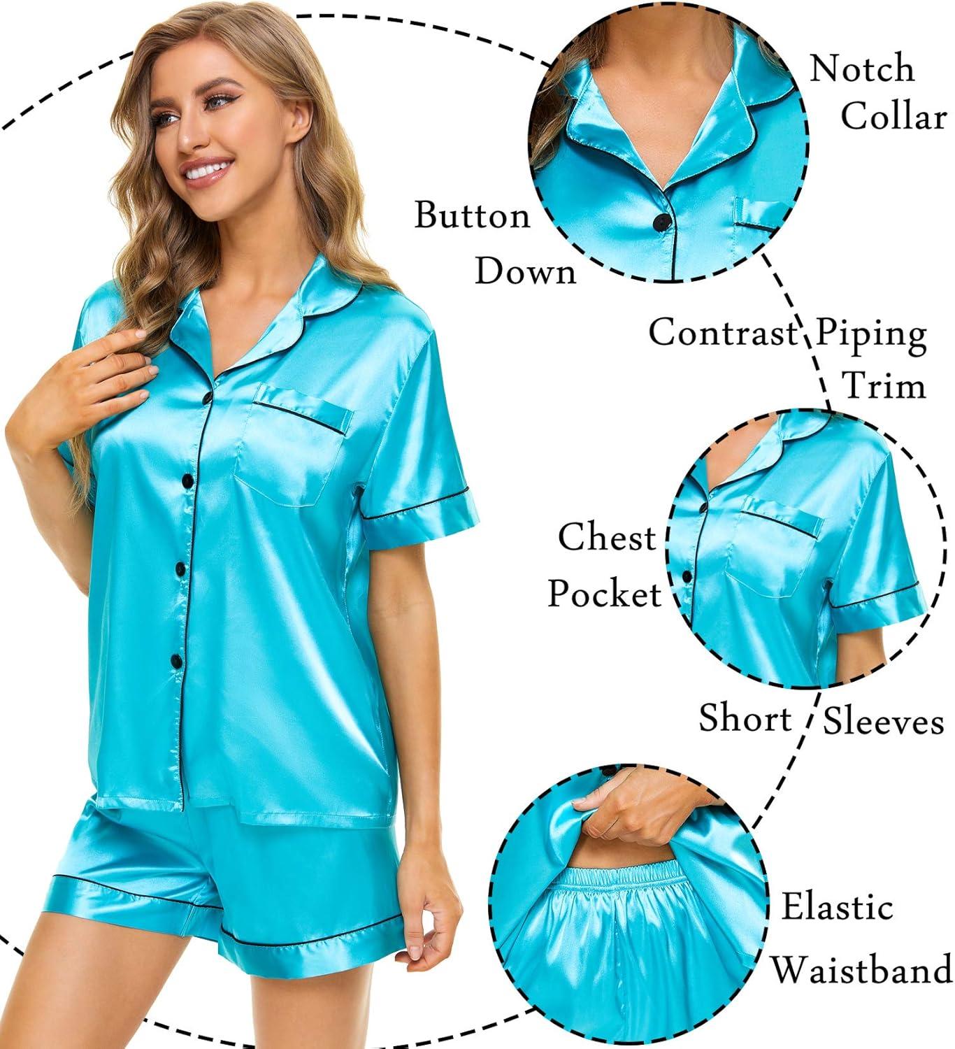 imageSWOMOG Womens Silk Satin Pajamas Set Short Sleeve Sleepwear Button Down Top and Shorts Loungewear 2 Piece Pjs Set XS3XLCyan